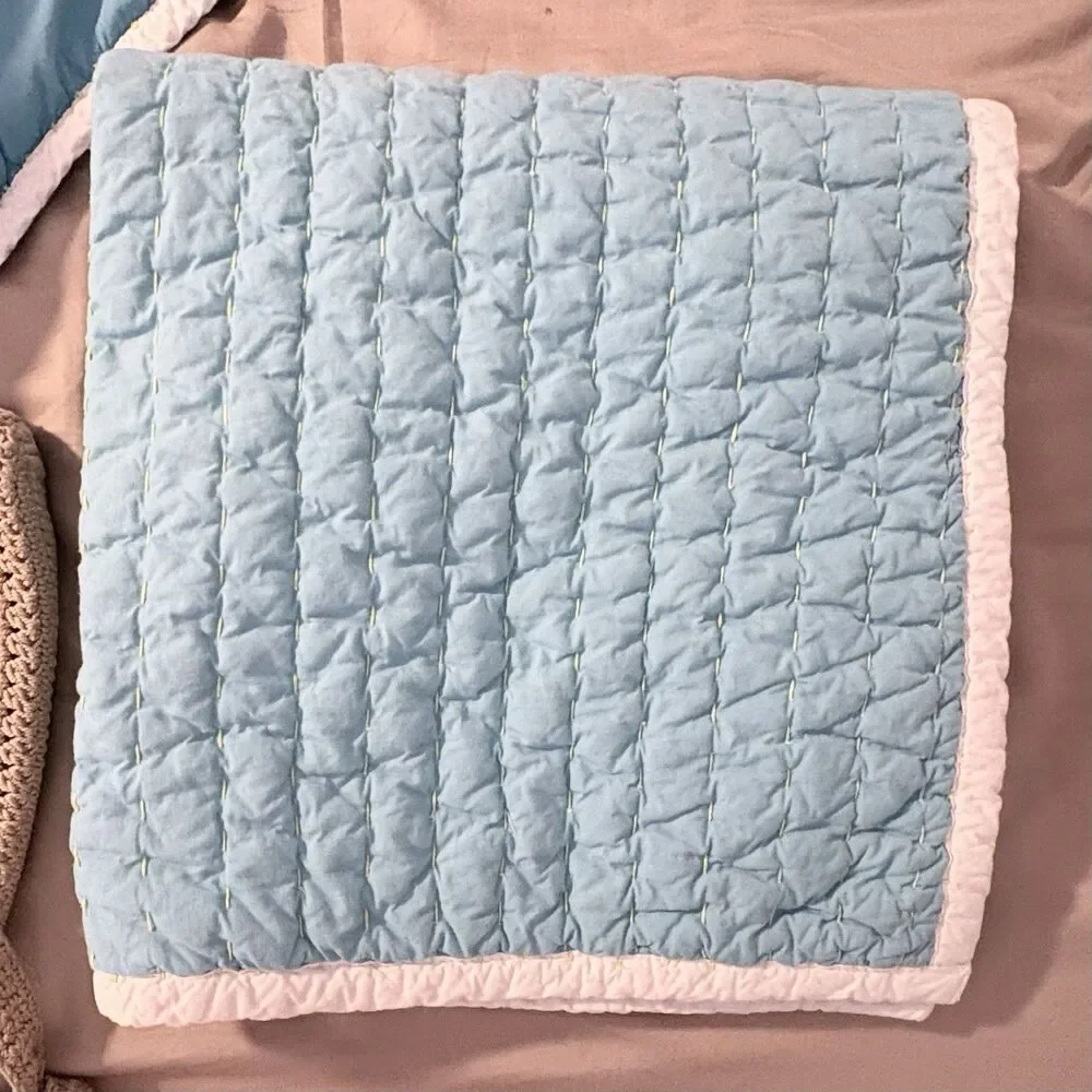 (2) Serena & Lily Euro Pillow Shams Set Cabin Quilted Aqua Turquoise Lime White
